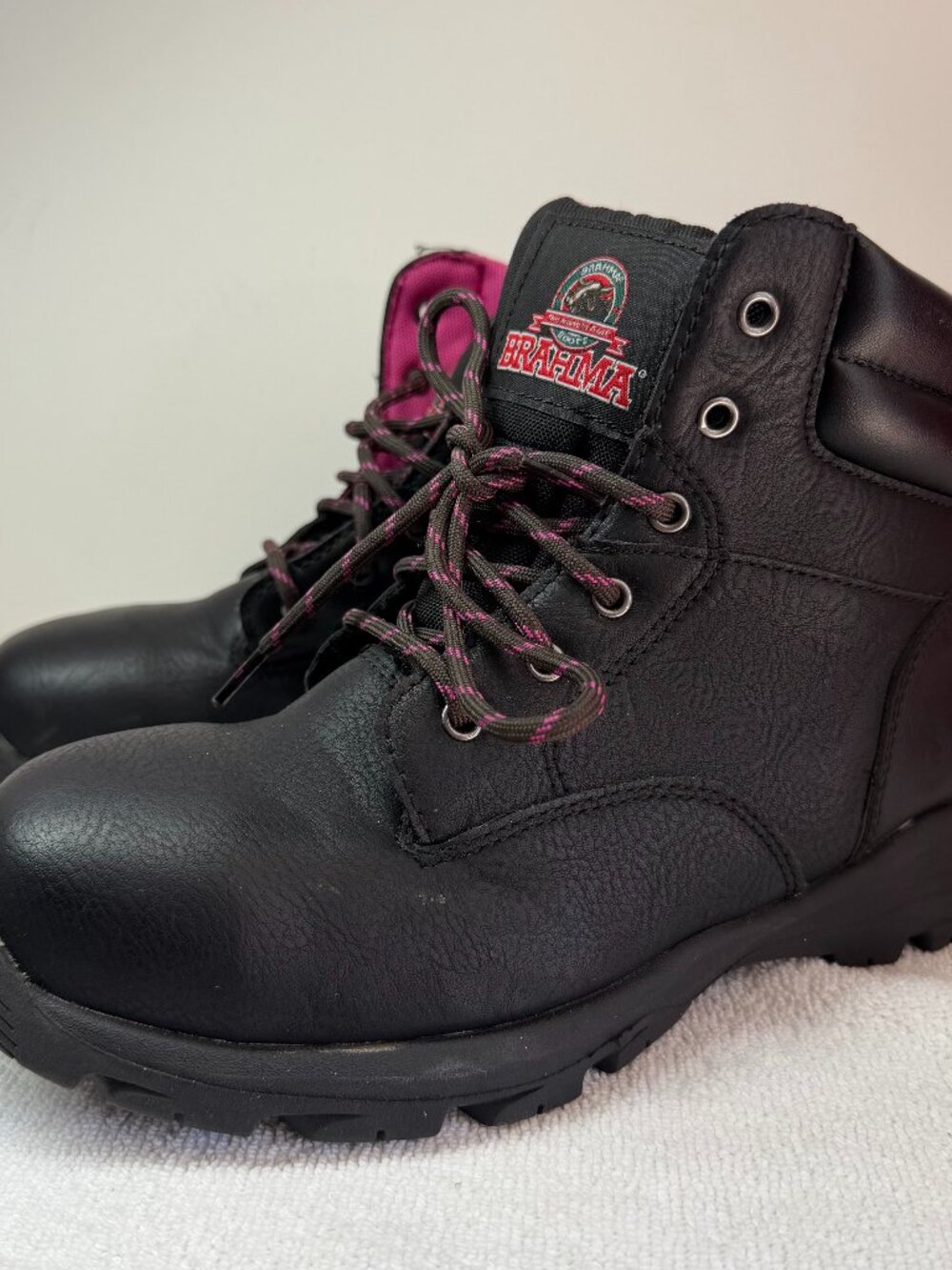 Brahma Women’s Steel Toe Work Boots Size 8 Black Pink Lace-Up ASTM Safety